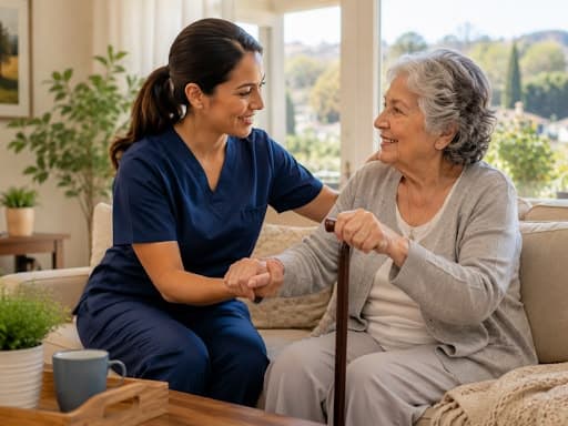 A carer reviewing a plan with an older woman at home