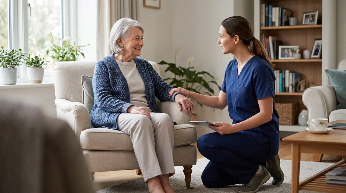 A carer helping an older woman with paperwork at a bookshelf